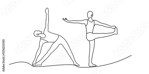 Elegant continuous line drawing of two people practicing yoga in Triangle Pose and Standing Leg Stretch, symbolizing flexibility and balance, perfect for wellness campaigns, yoga promotions.