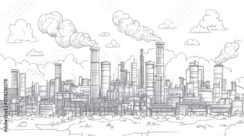 Detailed sketch of an industrial complex with smokestacks and clouds
