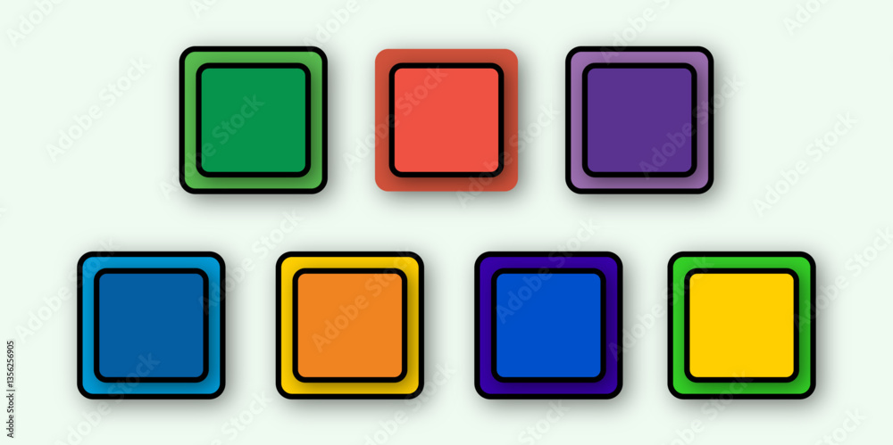Button set abstract geometric shape design. Set of colored square frames with shadows and rounded corners are blank mockup isolated on a white background. Button set abstract geometric shape design. Set of colored square frames with shadows and rounded corners are blank mockup isolated on a white background.