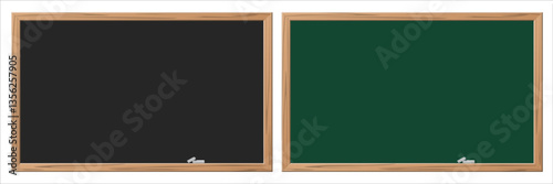 School blackboard. Empty green and black chalkboards with wooden frame and chalk. Back to school horizontal background. Cartoon vector illustrations set.