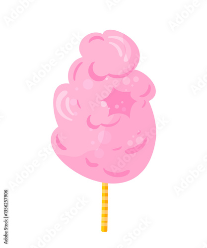 Fluffy cotton candy flat vector illustration. Delicious pink sugar cloud on stick. Traditional street fair, carnival food. Sweet snack isolated on transparent background.