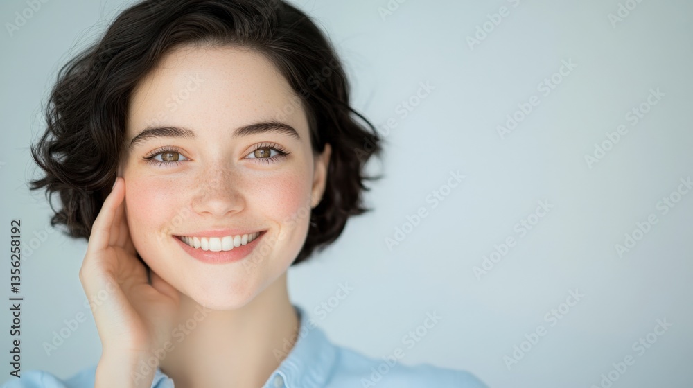 Woman with freckles smiles holding cheek Woman with freckles smiles holding cheek