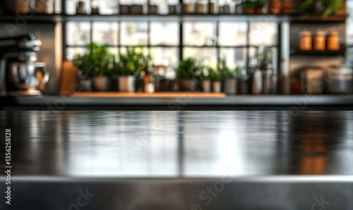 Stainless Steel Table with Blurred Commercial Kitchen Background