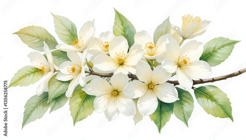 Obraz premium Blooming White Flowers on Branch with Green Leaves Isolated Artwork