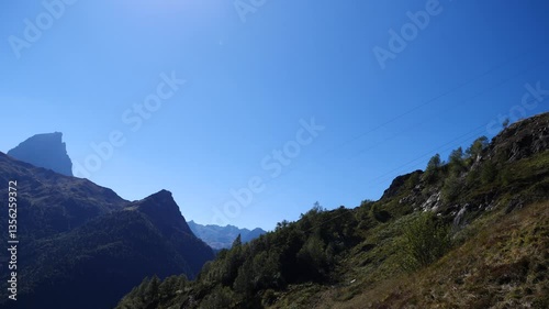 A mountain range with a clear blue sky in the background