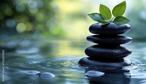 Serene stones balanced on water, nature's tranquility