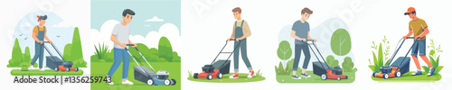Vector of a person mowing the lawn.