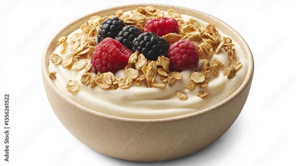 A bowl of yogurt topped with granola and fresh berries, symbolizing a healthy and balanced breakfast. A bowl of yogurt topped with granola and fresh berries, symbolizing a healthy and balanced breakfast.