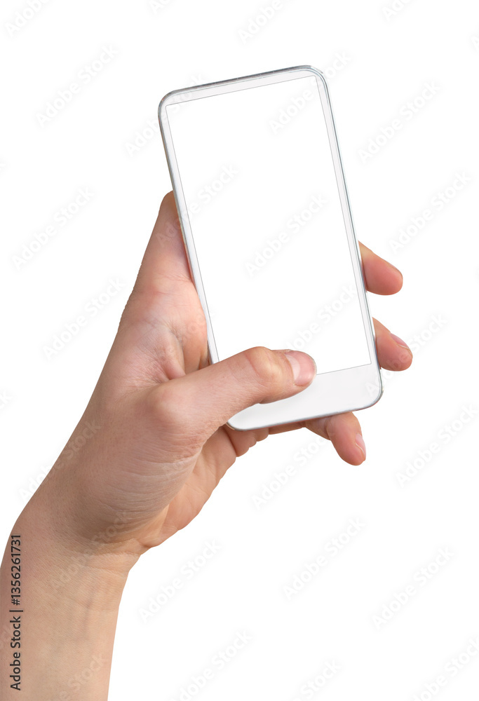 Photo of a hand holding a white smartphone, screen and background isolated on transparent or white background, png