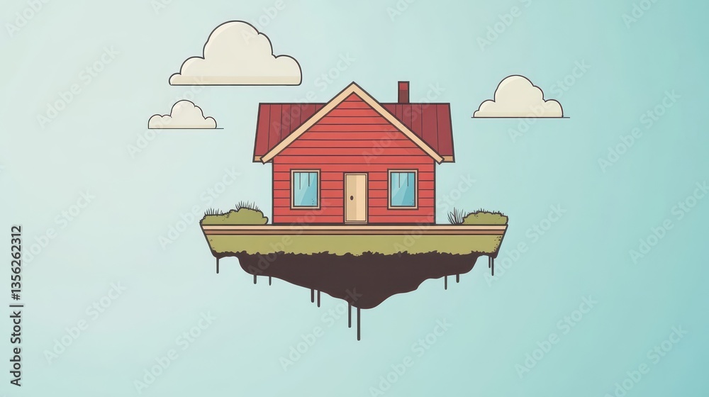 Obraz premium A cartoon illustration shows a house on a floating land mass