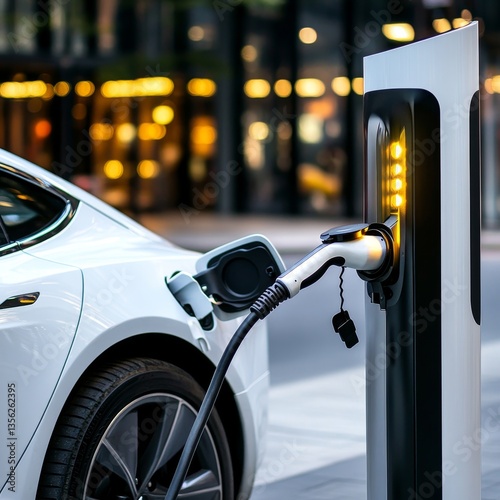 Modern Electric Car Charging Station with Close-Up View of Plug