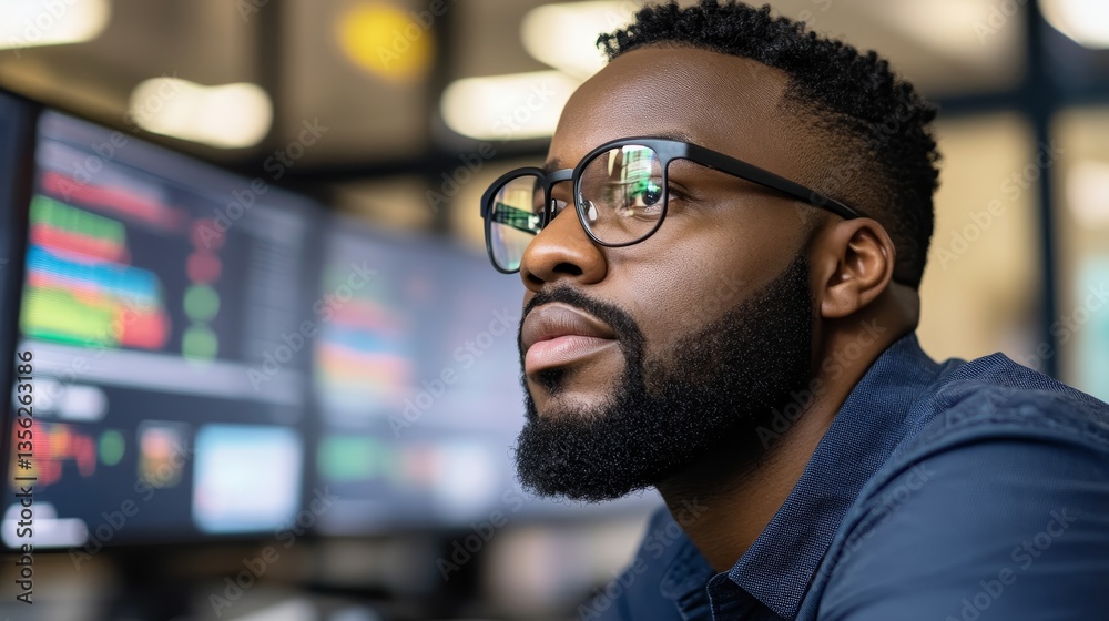 Obraz premium An engineer uses smart glasses to interact with a holographic interface in a control room filled with modern monitors and advanced equipment, focused on his task
