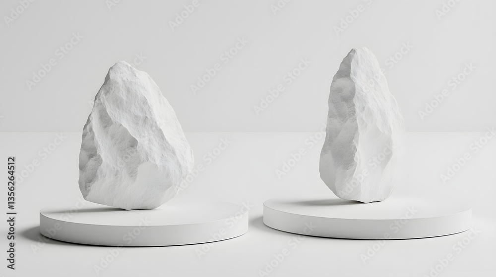 Two Textured White Rocks Displayed on Circular Pedestals Against a Minimalist Background Two Textured White Rocks Displayed on Circular Pedestals Against a Minimalist Background