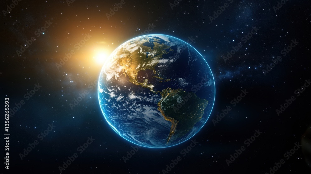Fototapeta premium Earth seen from space, glowing sunrise over the planet, international cooperation, environmental awareness, Earth Day, beautiful blue planet, cosmic background.