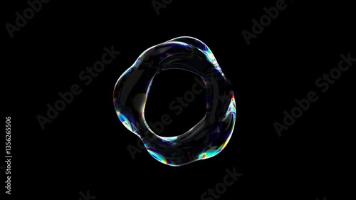 Transparent multicolored liquid moving shape with iridescent effect. Abstract fluid distorted torus. 3d render 4K loop animation, alpha channel.