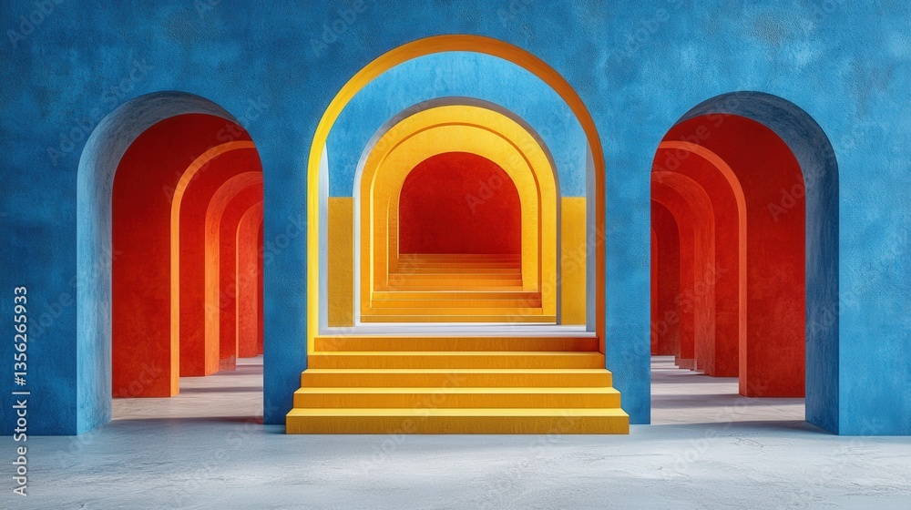 Fototapeta premium Contemporary Minimalist Design with Dynamic Gradient Arches and Stairs