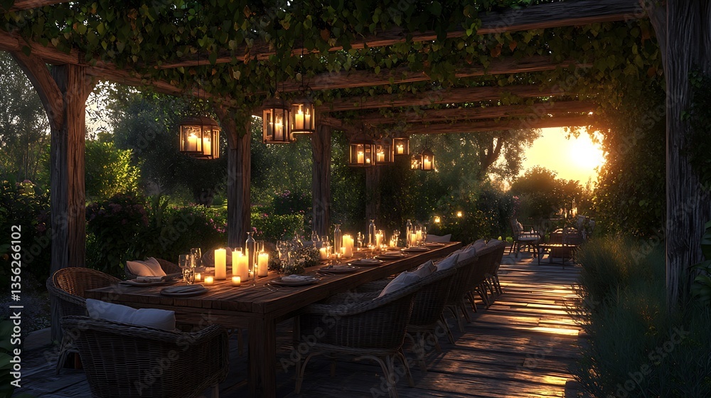 Obraz premium A stylish rustic pergola setup, featuring a long reclaimed wood dining table, flickering candles in glass lanterns, rattan chairs with soft linen cushions,