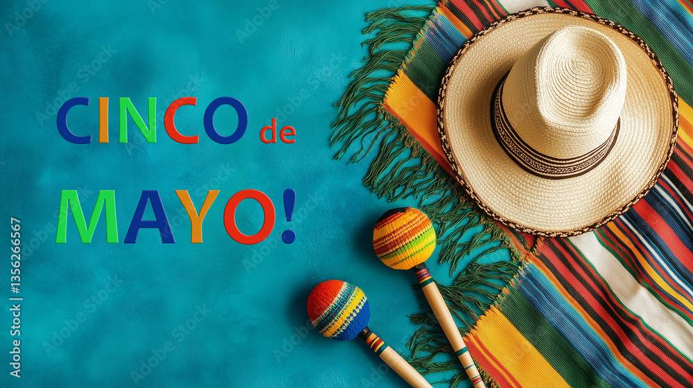 Colorful mexican hat, serape blanket and maracas on blue background with text, mexican party with music, Cinco de Mayo celebration