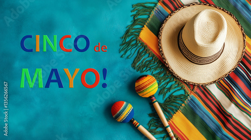 Obraz na płótnie Colorful mexican hat, serape blanket and maracas on blue background with text, mexican party with music, Cinco de Mayo celebration w salonie