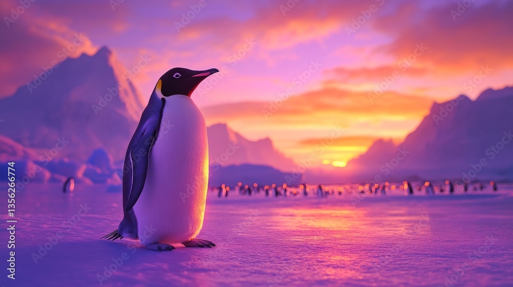 Fototapeta premium Penguin standing on ice during sunset at a remote Antarctic location with other penguins in the background