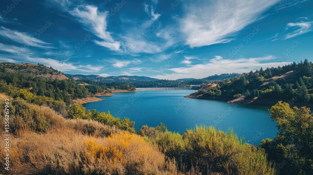 Obraz premium Oroville Dam: Scenic Lake with Majestic Mountains and Blue Sky Landscape