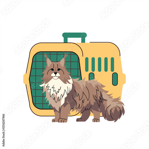 Illustration of a fluffy Maine Coon cat standing in front of a pet carrier with the text Travel with pets above. The image highlights pet friendly travel essentials for feline companions. Vector