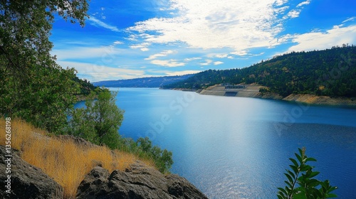 Oroville: Scenic Lake and Mountain Landscape with Spillway and Blue Sky photo