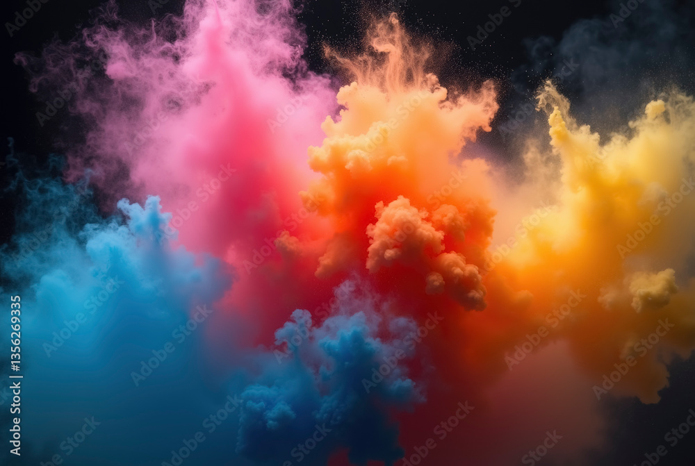 Naklejka premium Vibrant explosion of colorful powder on black background. Holi festival concept, dynamic paint splash.