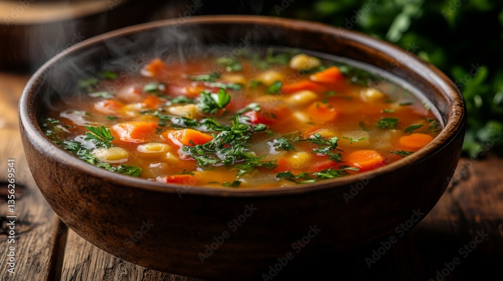 Fresh vegetable soup simmering in a wooden bowl on a rustic table with herbs and vegetables in the background Fresh vegetable soup simmering in a wooden bowl on a rustic table with herbs and vegetables in the background