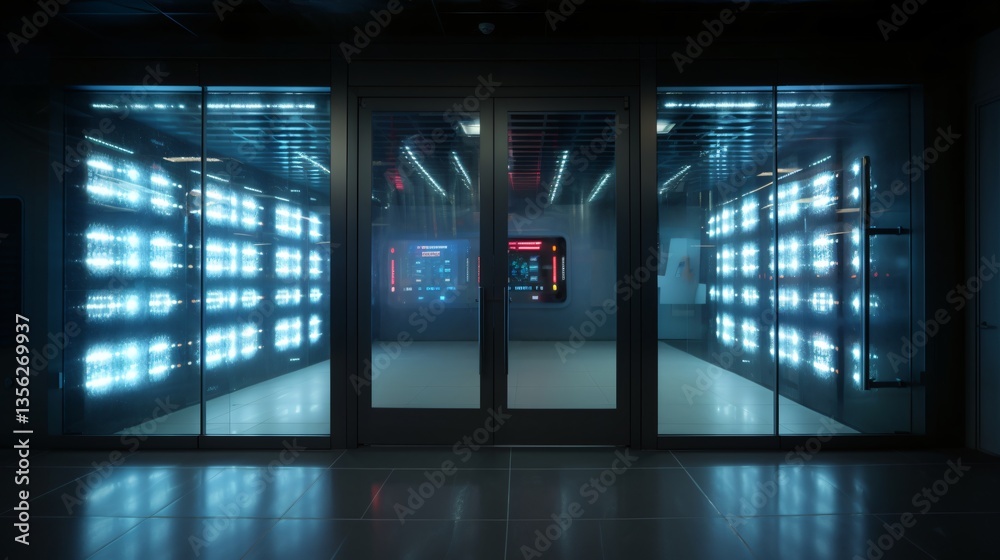 Modern Data Center Server Room with Illuminated Servers Behind Glass Doors Modern Data Center Server Room with Illuminated Servers Behind Glass Doors