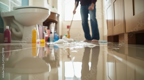 A person hurriedly mops up water from a toilet overflow in a bright, modern bathroom, surrounded by cleaning supplies and reflections on the tiled floor