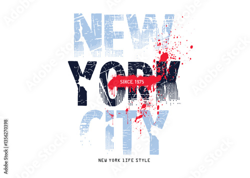 NYC text splash t shirt print. typography street art graffiti slogan print with spray. New york urban typography slogan print, t shirt print patterns, t shirt graphics print design.eps