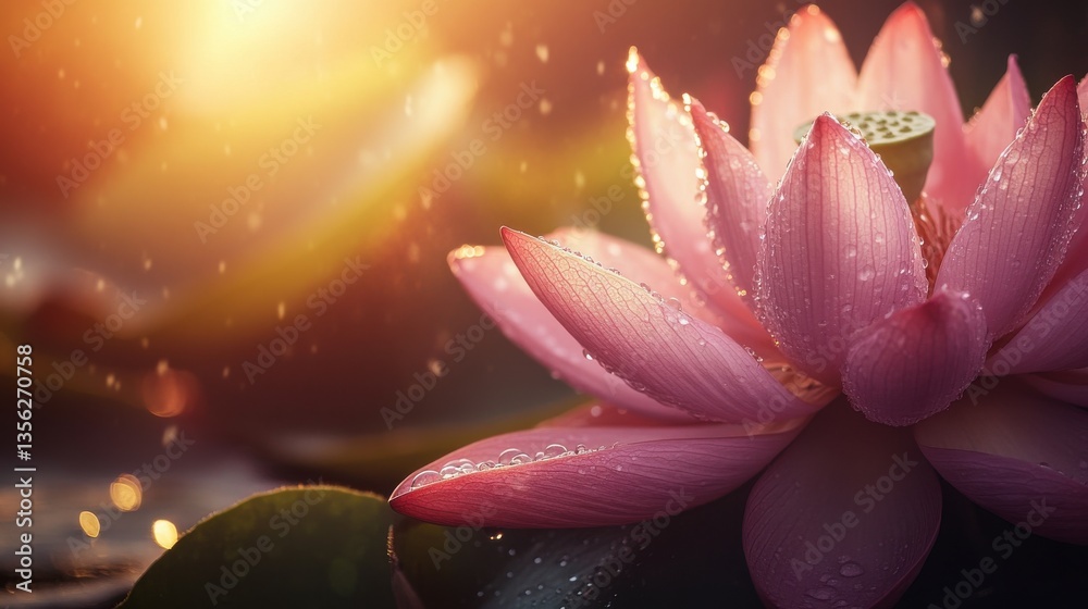 Fototapeta premium Beautiful Pink Lotus Flower with Dew Drops in Morning Light