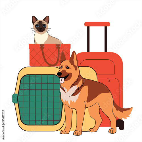 Flat style illustration of a German Shepherd and a Siamese cat with travel luggage and pet carriers. Pet travel, transportation, and relocation, ensuring safe and comfortable journeys for pets. Vector