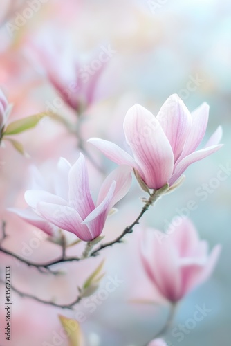 Delicate magnolia flowers blooming in pastel colors, symbolizing spring, renewal, Mothers Day, nature beauty, floral aesthetic, serene garden moments.