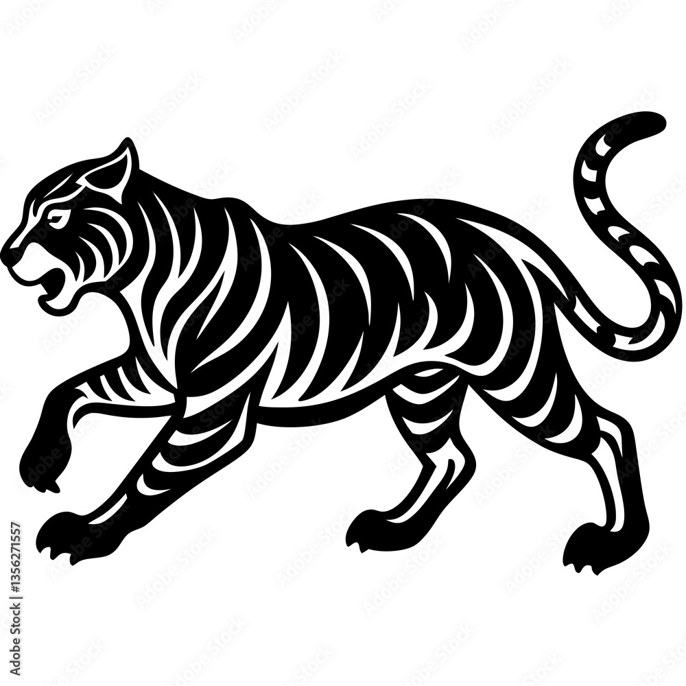 Running tiger silhouette vector black outline, white background Running tiger silhouette vector black outline, white background