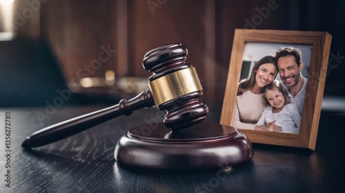 A gavel and a family photo on a desk, symbolizing legal matters related to family law and custody cases. Ideal for content about family disputes, divorce proceedings, and family legal advice.