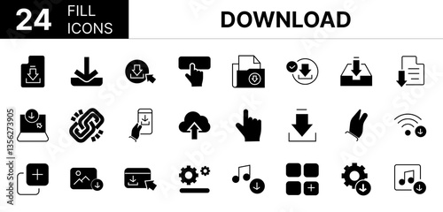 Collection of 24 Download Fill icons featuring editable strokes. These outline icons depict various modes of Download, icon, download, arrow, app, vector, buttons, document, upload, file, symbol, web,