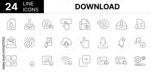 Collection of 24 Download line icons featuring editable strokes. These outline icons depict various modes of Download, icon, download, arrow, app, vector, buttons, document, upload, file, symbol, web,