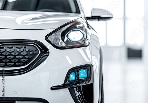 Close-up of a white car's front end, featuring sleek headlights and grille.  Modern vehicle design, showcasing clean lines and bright lighting