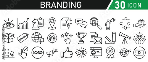Branding icon set liner style. Containing marketing, product, design, brand development, social media, and advertising icons. Solid icons collection.