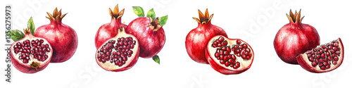 Watercolor painting of four pomegranates whole and in pieces  seeds isolated with Transparent PNG