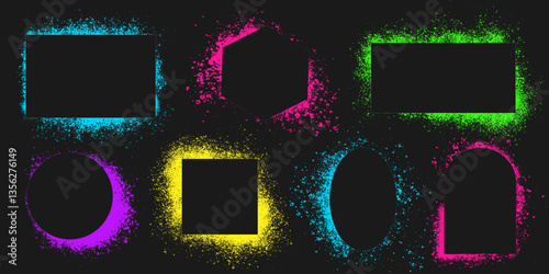 Set of neon colored spray stencils isolated on black background. Urban street graffiti style. Airbrush paint splatter borders, grunge street art frames with splash effect and drops. Vector