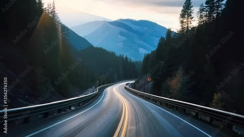 Aerial video captures a winding mountain road at sunset, surrounded by dense forests and distant hills, creating a serene and adventurous vibe. Live desktop wallpaper.