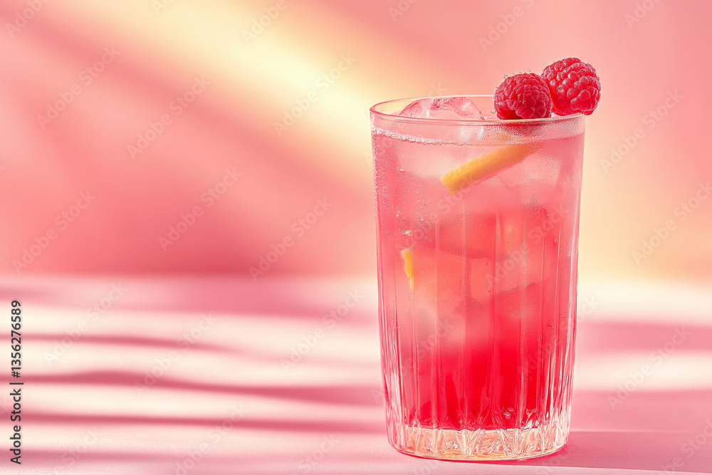 A refreshing pink lemonade with raspberry garnish in a vintage glass, pastel background. A refreshing pink lemonade with raspberry garnish in a vintage glass, pastel background.
