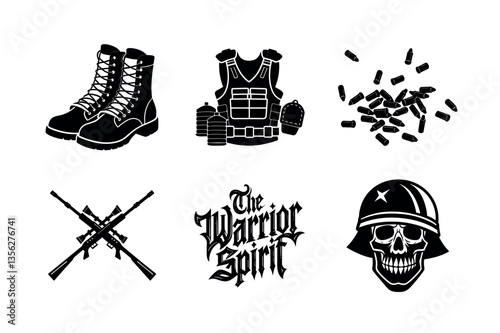 Military Gear and Spirit Icons in Silhouette Style