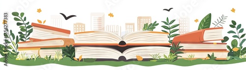 Open books in city park; nature, reading