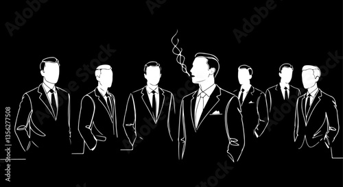 Seven faceless men in suits, one of them smoking with stand together in a line against a black background. vector illustration