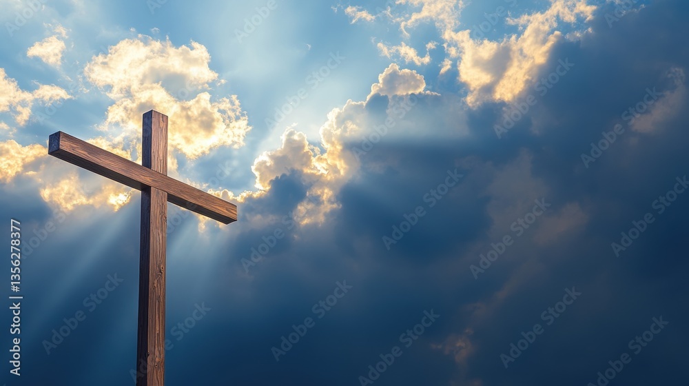 Cross silhouette against dramatic clouds, symbolic faith imagery, spiritual reflection, hope, Easter service, religious celebration, heavenly rays, uplifting scene. Cross silhouette against dramatic clouds, symbolic faith imagery, spiritual reflection, hope, Easter service, religious celebration, heavenly rays, uplifting scene.