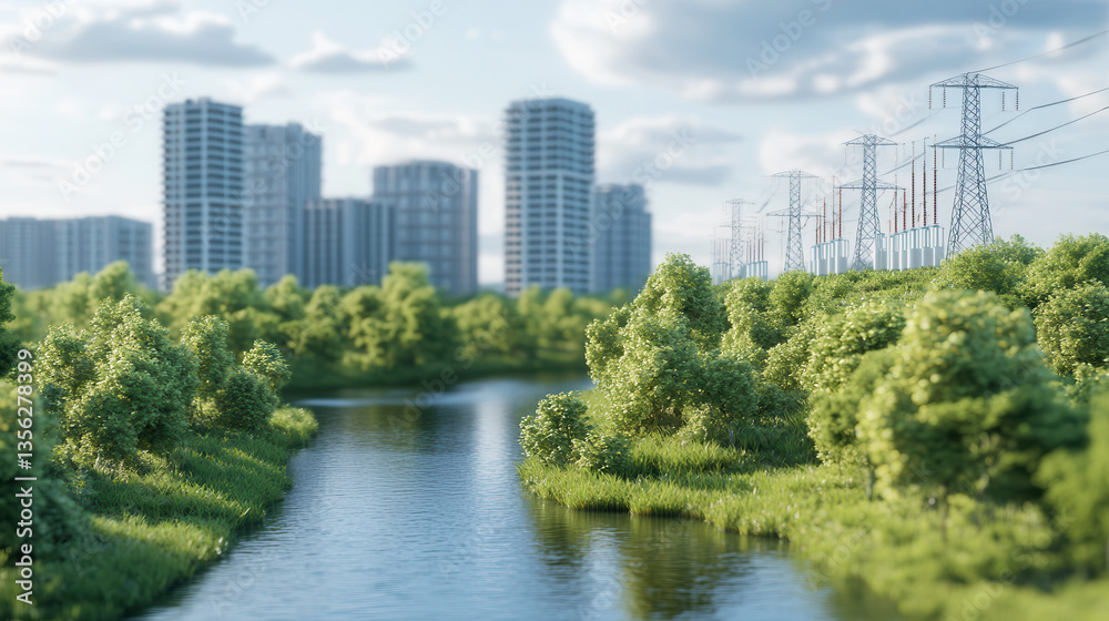 serene urban landscape with river surrounded by lush greenery, modern buildings, and power lines under bright sky serene urban landscape with river surrounded by lush greenery, modern buildings, and power lines under bright sky